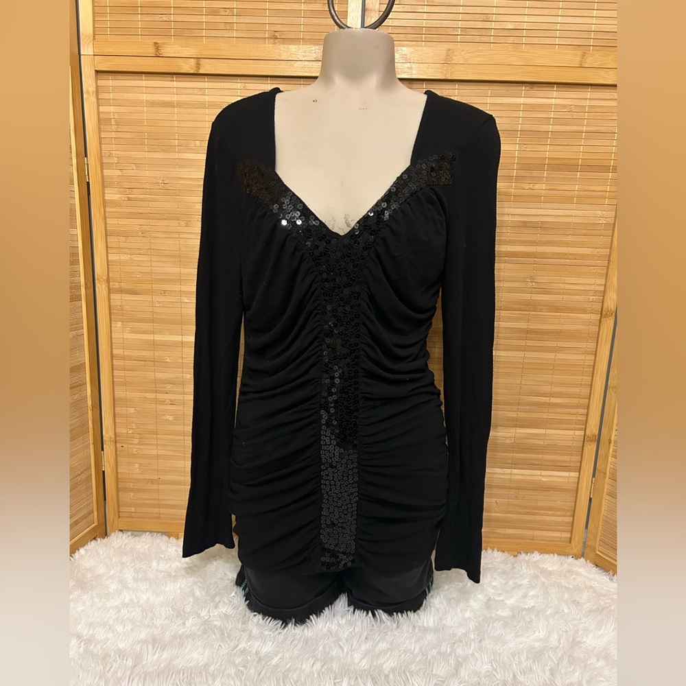 Worthington black sequin ruched v-neck blouse top shirt woman’s small